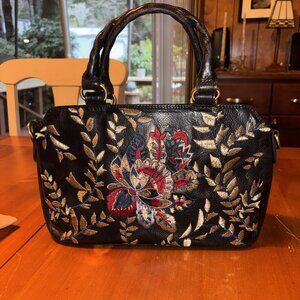 Patricia Nash Black Angelin Leather Satchel - Floral Embroidered with Scarf
